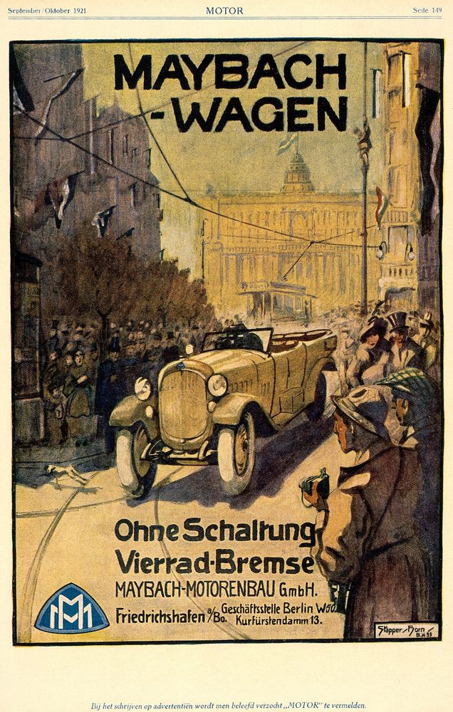 Die Abbildung zeigt eine Maybach-Anzeige von 1921. Auf vergilbtem Papier isst ein Maybach auf einer Straße abgedruckt, um den dutzende Personen stehen.