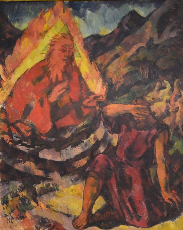 Gemälde von zwei Männern, einer brennt, der andere hält sich die Hand vor die Augen.