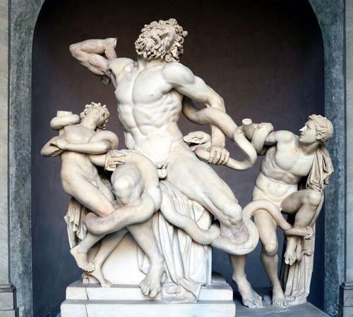 Lakoon und seine Söhne, auch als Lakoon-Gruppe bekannt. Marmor, Nachbildung aus hellenistischem Original von 200 v.Chr., gefunden in den Trajan-Thermen in Rom im Jahr 1507 