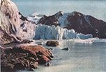 Farbiges Landschaftsfoto von Spitzbergen mit Gletschern. Foto stammt vom Expeditionsteilnehmer Adolf Miethe.
