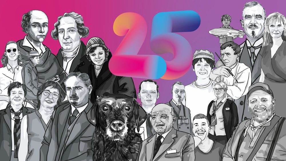 24 illustrierte Personen und ein Hund.