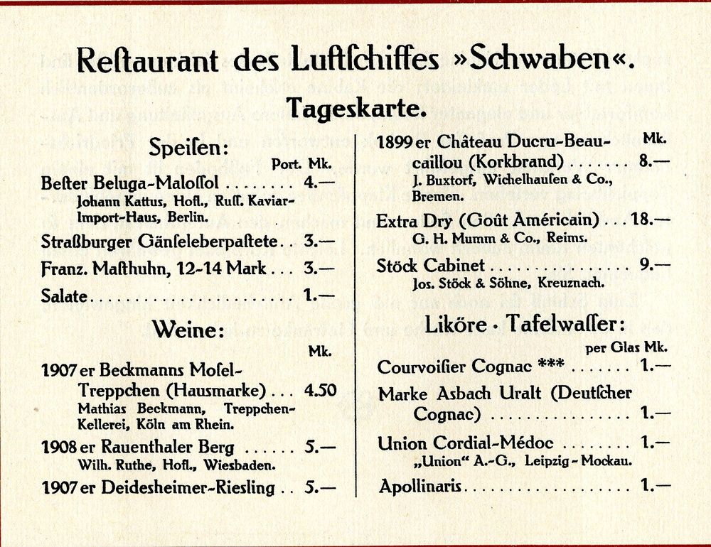 Tageskarte des Restaurants der „Schwaben“. Auflistung der Speisen wie Beluga-Kaviar, Straßburger Gänseleberpastete, französisches Masthuhn, diverse Salate sowie Weine, Liköre, Sekt und Tafelwasser.