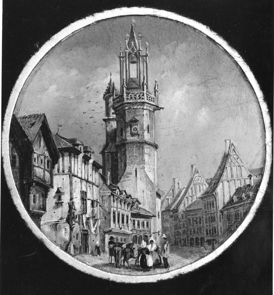 Die schwarz-weiß Abbildung zeigt eine Ölmalerei auf Blech. Auf dem Gemälde sind ein Marktplatz und Personen zu erkennen. 