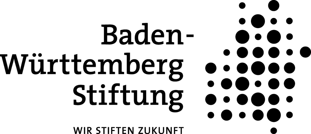 Schwarzes Logo der Baden-Württemberg Stiftung. Links befindet sich die Schrift in vier Zeilen, rechts eine Grafik, die aus mehreren schwarzen Punkten besteht.