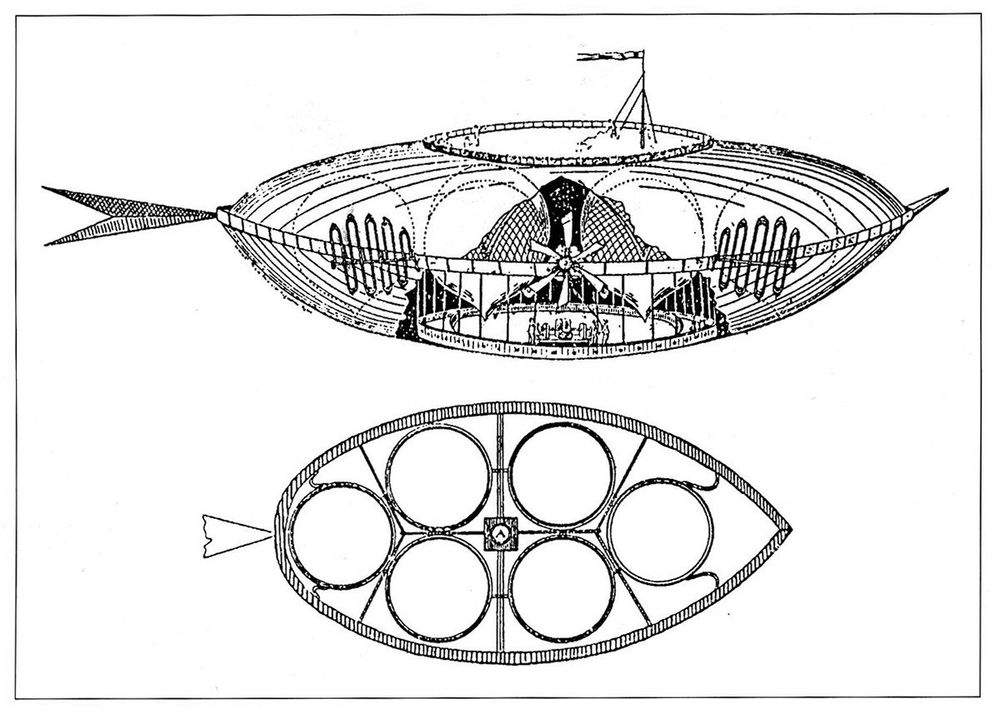 Entwurf aus dem Jahr 1873. Er zeigt ein Luftschiff, das nie in der Luft gewesen ist. „Passagier-Starrluftschiffprojekt von Spiess im gezeichneten Röntgenbild und mit der Verteilung der gasgefüllten Ballone in der starren Hülle.“ 