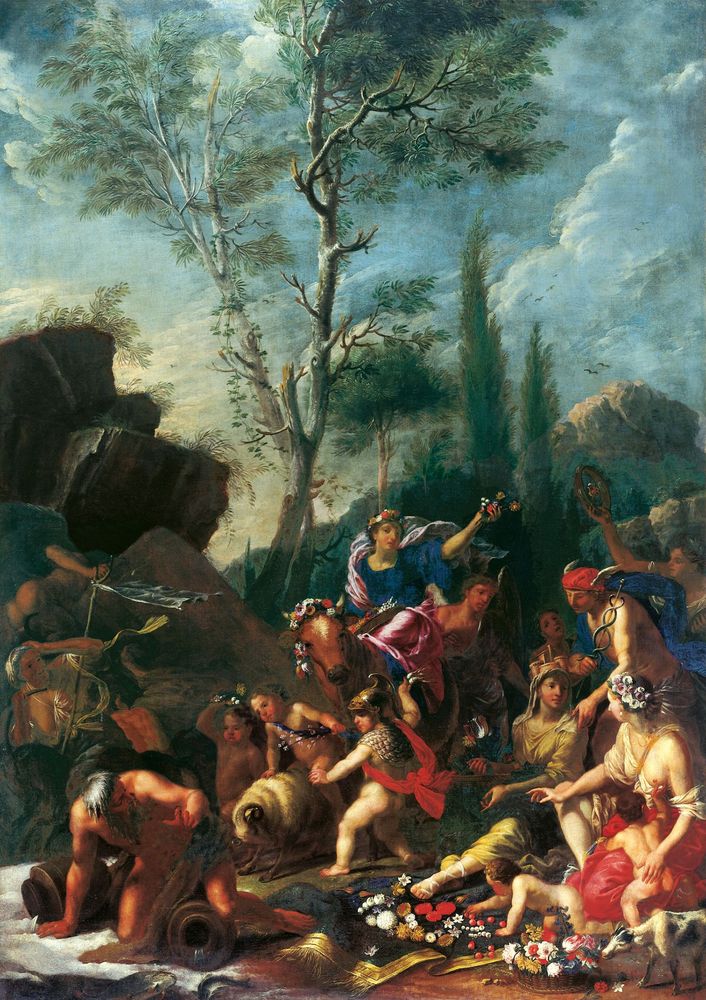 Das Gemälde "Der Triumphzug der Floras" zeigt Personen, die am Bodensitzen, während Floras begleitet von Menschen vorüberzieht.