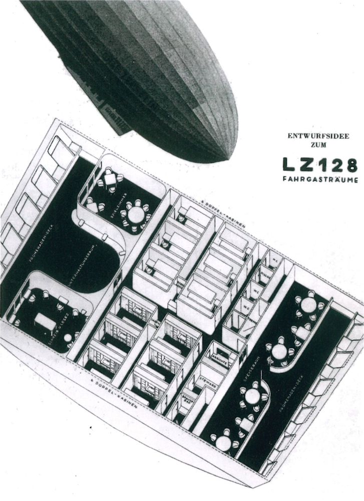 Die Abbildung zeigt eine Entwurfsidee für Fahrgasträume im Zeppelin. Abgebildet sind Kabinen, aber auch Aufenthaltsräume.
