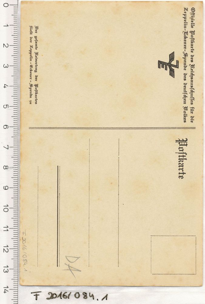 Rückseite der Grafenpostkarte mit dem Text: „Offizielle Postkarte des Reichsausschusses für die Zeppelin-Eckener-Spende des deutschen Volkes“. Darunter steht das Logo. 