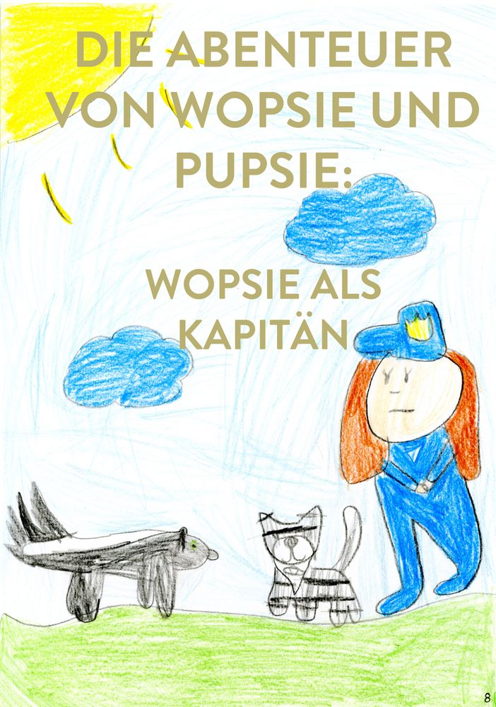Kinderzeichnung der Museumskatze Wopsie, einem weiteren Tier und einer Person.