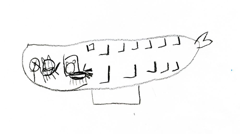 Kinderzeichnung von einem fliegenden Zeppelin.