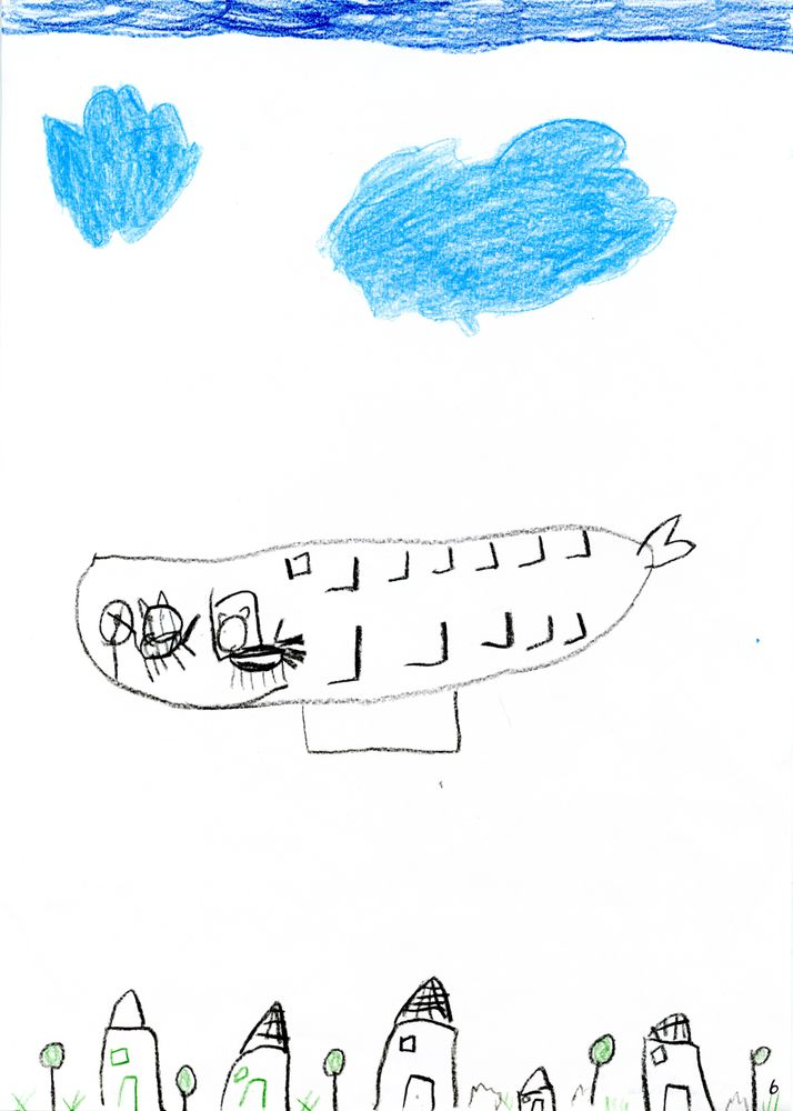 Kinderzeichnung von einem fliegenden Zeppelin über einer Häuserreihe.
