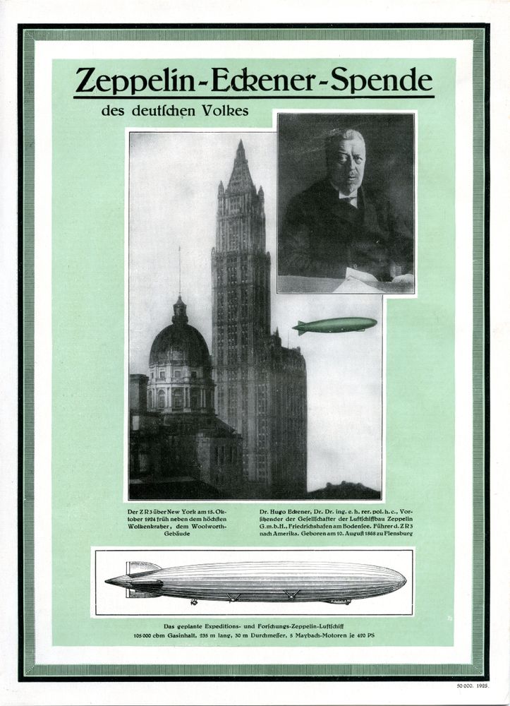 Auf Seite 4 der Broschüre ist ein Porträt von Hugo Eckener, das zum Teil ein Foto von LZ 126 über New York verdeckt. Darunter ist eine Zeichnung des geplanten neuen Luftschiffes.  