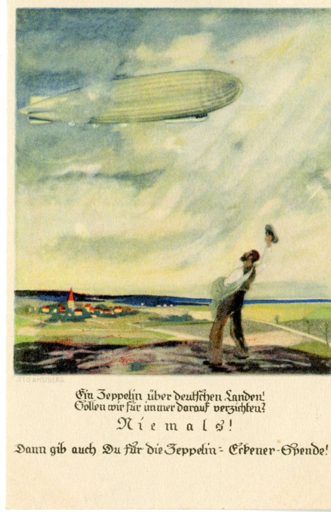 Postkarte für die Landbevölkerung. Gezeigt wird eine Landschaft mit einem Dorf im Hintergrund. Rechts im Vordergrund steht ein Sämann, der den über ihn fahrenden Zeppelin grüßt. Darunter steht ein Text.