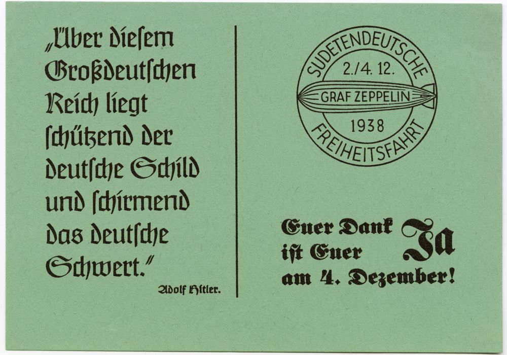 Grünes, zweigeteiltes Flugblatt mit schwarzer Schrift. Auf der linken Seite befindet sich ein Zitat Adolf Hitlers, auf der rechten der großgezogene Stempel der Fahrt und darunter die Aufforderung, Hitler zu wählen.