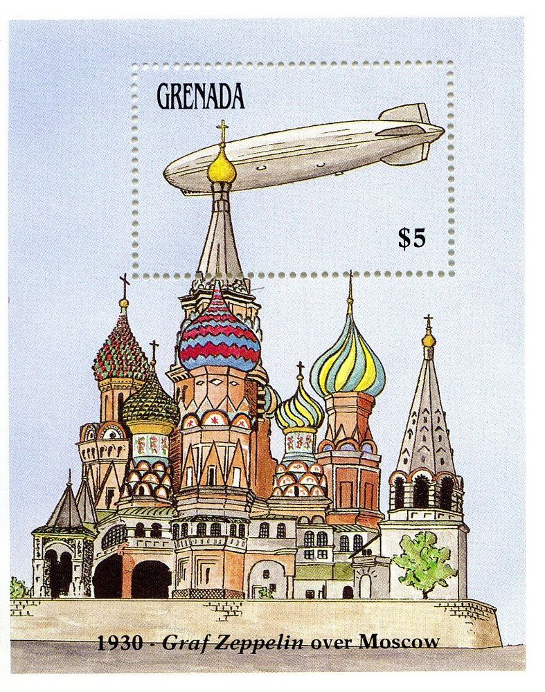 Bunte Briefmarke mit Graphik von LZ 127 „Graf Zeppelin“ über der Basilius-Kathedrale in Moskau. Wert: 5 Dollar  