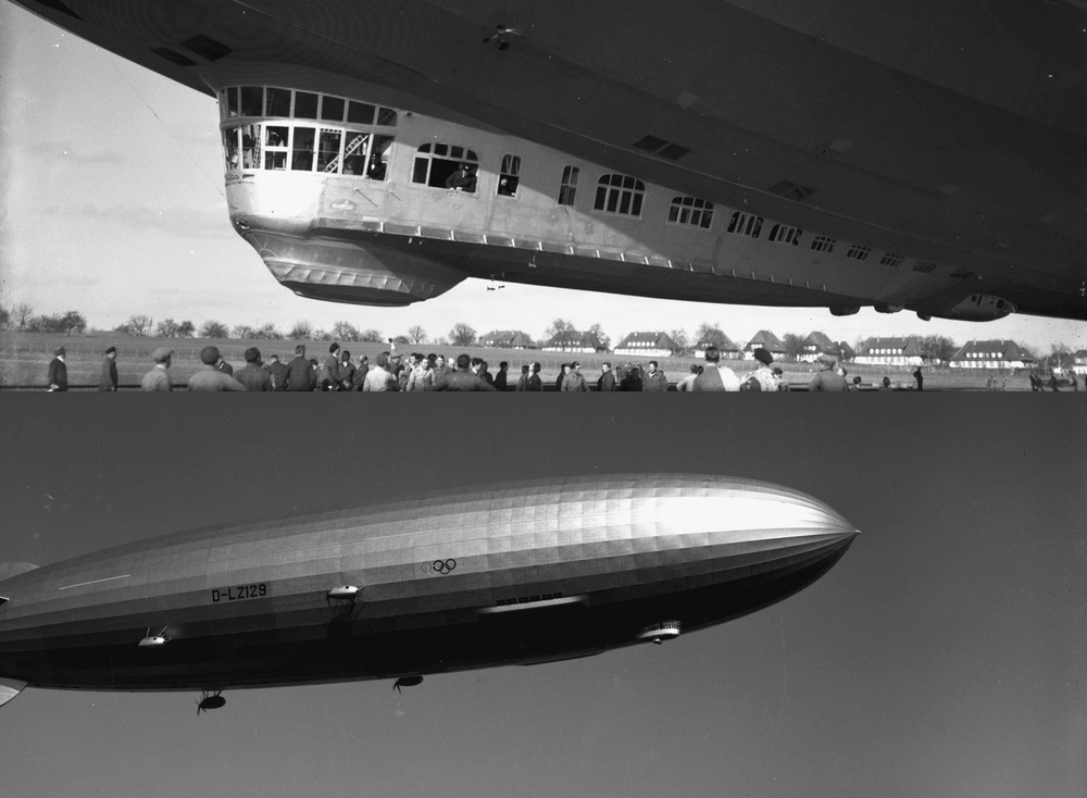 Ein zwei geteiltes Bild: Oben die Aufnahme von der Gondel eines Zeppelins, unten ein Zeppelin in der Luft, bei klarem Himmel.