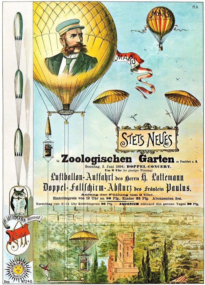 Die Abbildung zeigt ein altes Plakat, das einen Auftritt einer Luftakrobatin ankündigt. Das Plakat ist mit bunten Zeichnungen geschmückt und enthält im Text Informationen zum Auftritt.