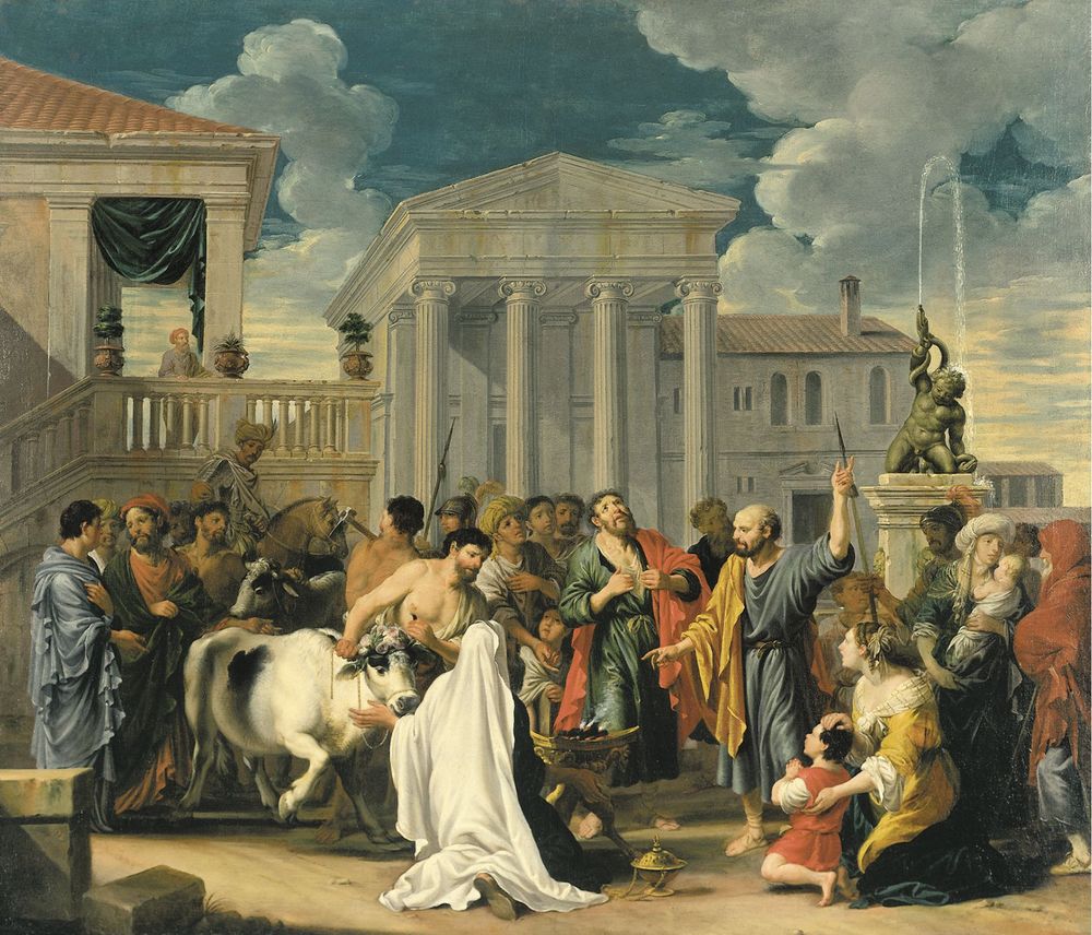 Das Gemälde "Paulus und Barnabas auf Lystra" zeigt eine Gruppe von Menschen und eine Kuh. Im Hintergrund sind große, antike Gebäude abgebildet.