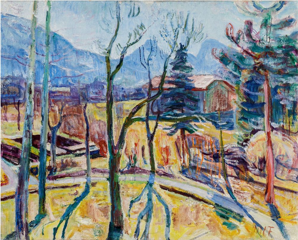 Gemälde eines Gartens im Winter mit kahlen Bäumen und ockergelbem Gras, Tannen im Hintergrund und Bergen am Horizont.