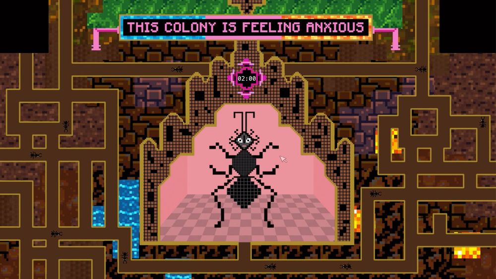Screenshot der Installation im Pixelstil. In der Mitte steht die Ameisenkönigin in einem rosa BEreich. Um sie herum entfalten sich die Tunnel des Ameisenbaus in Brauntönen.