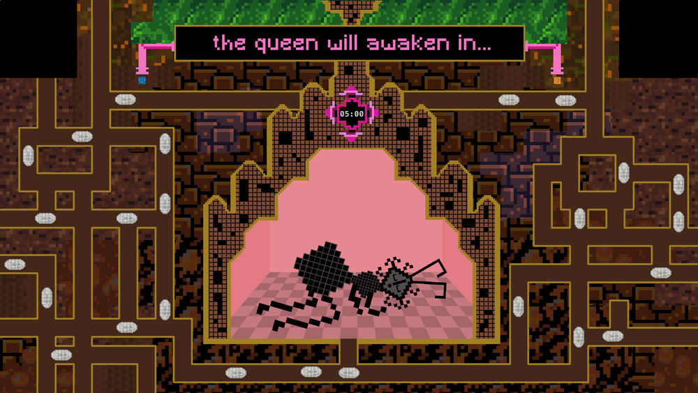 Screenshot der Installation. Sie zeigt die Ameisenkönigin schlafend in der Mitte in einem rosa Bereich. Die Tunnel des Ameisenbaus mit weißen Klümpchen als Nahrung umgeben sie in Brauntönen.