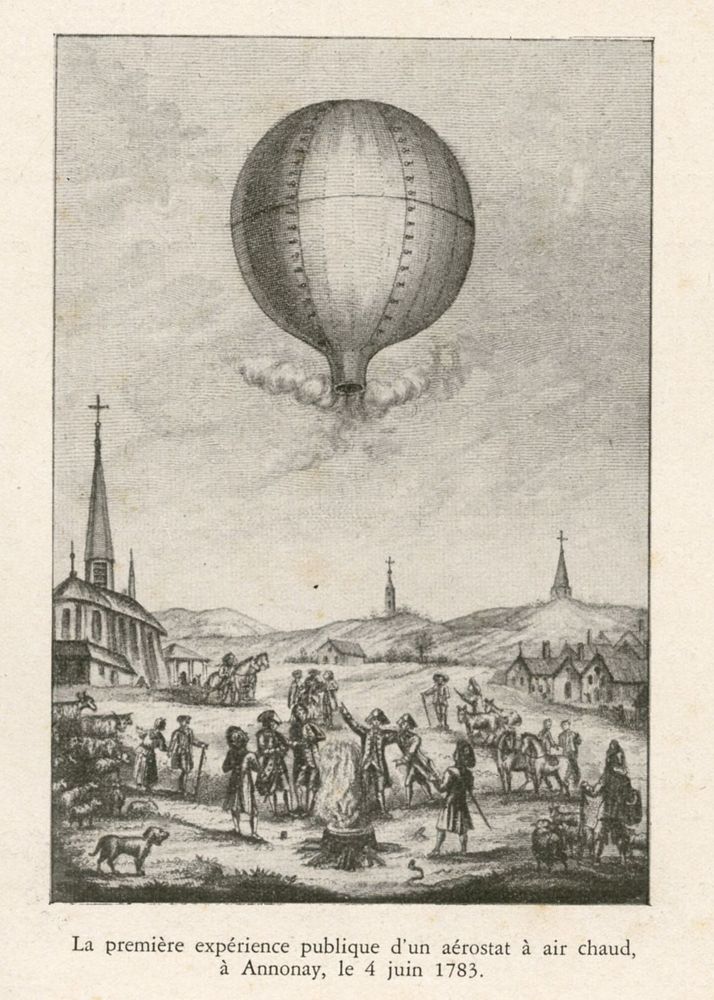 „Das erste öffentliche Experiment“: Zeichnung des ersten Versuchsballons der Brüder Montgolfiere. 
