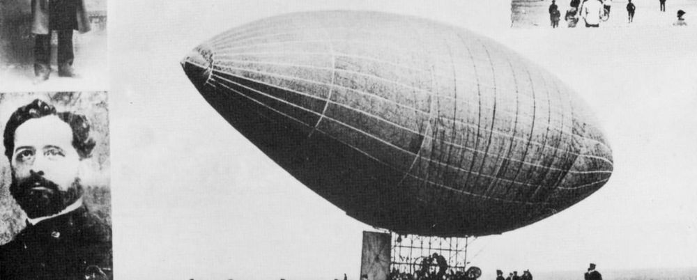 Ausstellungsgrafik, die zwei historische Fotoaufnahmen zeigen. Ein Porträt von Georg Baumgarten und ein Luftschiff.