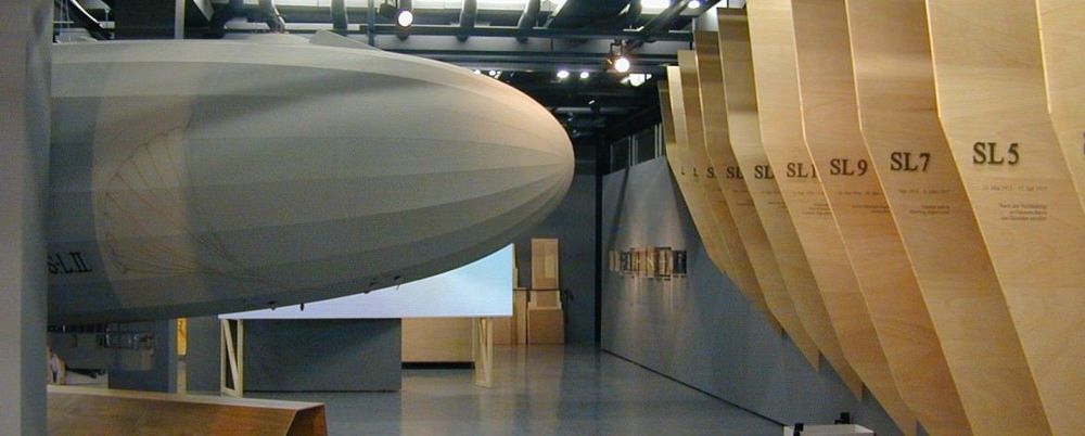 Ausstellungsansicht von "Im Schatten des Titanen". Auf der Ausstellungsfläche befindet sich ein großes Modell eines Luftschiffs.