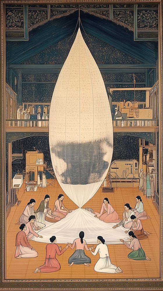 Persische Malerei, die eine Gruppe von Frauen in traditioneller Kleidung zeigt, die in einem Innenraum auf dem Boden sitzt und gemeinsam an einem großen, tropfenförmigen Stoffstück arbeitet, das zentral im Bild aufgehängt ist.