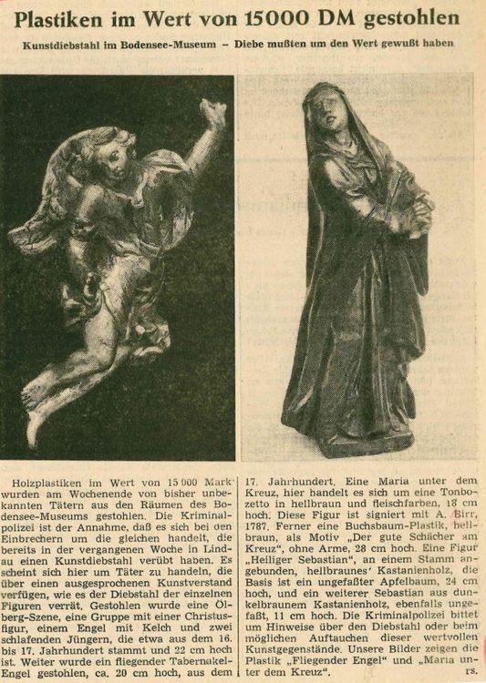 Die Abbildung zeigt den Ausschnitt eines Zeitungsberichts von 1970. Über einem Text sind zwei Plastiken abgebildet.