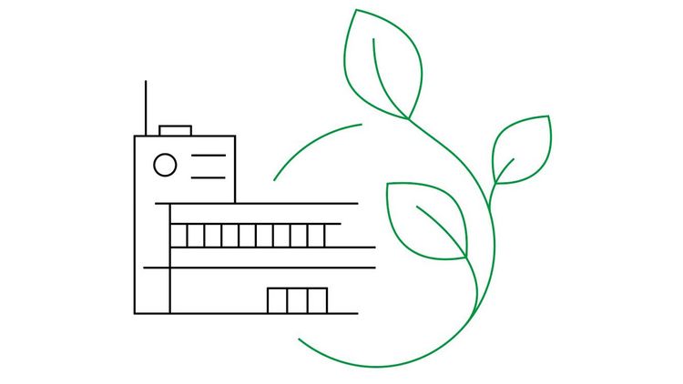 Grafik zeigt das Zeppelin Museum als stilisierte Zeichnung mit einem grünen Ring mit drei Blättern, der sich halb um das Gebäude schließt. 