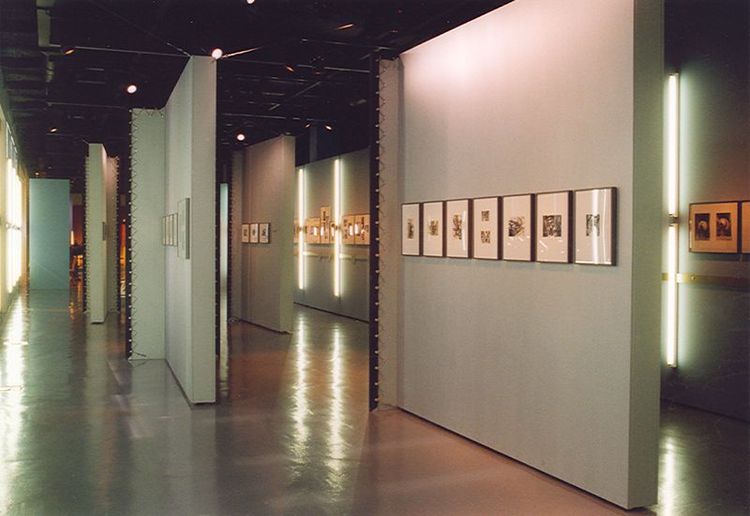 Die Ausstellungsansicht von "Zirkel, Zangen und Celon" zeigt mehrere Flure, an deren Wänden Bilderrahmen hängen.