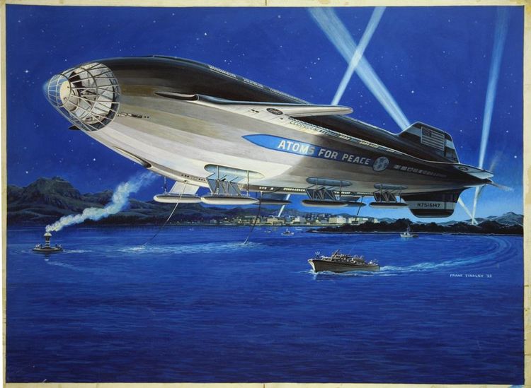Die Zeichnung zeigt ein fiktives Luftschiff, welches über Wasser fliegt. 