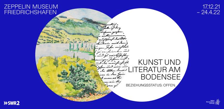 Das Bild zeigt die Grafik der Ausstellung Beziehungsstatus: Offen. Kunst und Literatur am Bodensee. Zu sehen sind zwei runde, grafische Elemente, die mit einem Text und einem Bild gefüllt sind und auf einem blauen Hintergrund liegen.