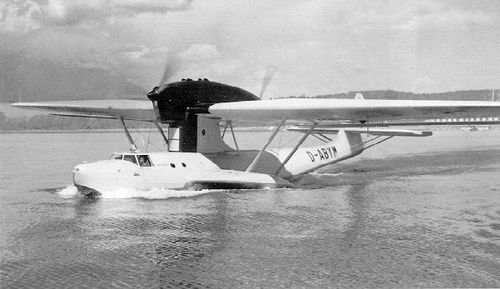 Historische Aufnahme eines Flugzeugs, welches im Wasser schwimmt.