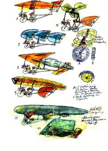 Die Zeichnung zeigt mehrere fiktive Modelle von möglichen Flugrädern. Die Fahrräder sind mit Zeppelinen, Raketen oder Propellern verbunden.