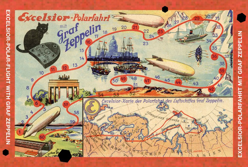 Illustrierte Karte zur „Excelsior-Polarfahrt“ mit einem Luftschiff. Das Bild zeigt den geplanten Flugweg über eine Weltkarte, mehrere Zeppeline in der Luft sowie bekannte Wahrzeichen wie das Brandenburger Tor und Segelschiffe.