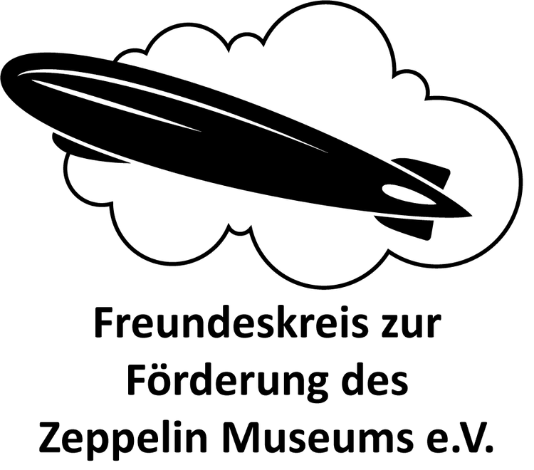 Schwarzes Logo des Freundeskreises zur Förderung des Zeppelin Museums bestehend aus der einfachen Grafik eines Zeppelins, der sich über einer Wolke befindet. Darunter befindet sich der Schriftzug "Freundeskreis zur Förderung des Zeppelin Museums e.V."
