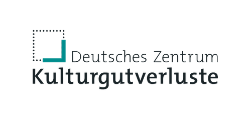 Logo des Deutschen Zentrums Kulturgutverluste. Links ist ein türkisfarbenes, quadratisches Symbol mit gestrichelter Umrandung zu sehen. Rechts daneben steht in zwei Zeilen der Schriftzug „Deutsches Zentrum Kulturgutverluste“.